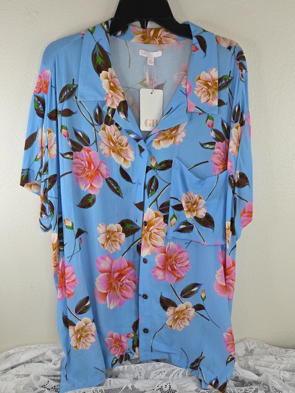 Gianni Bini Floral Button-Up    XL Shirt  Blue with Pink Orange Floral. NWT $49
